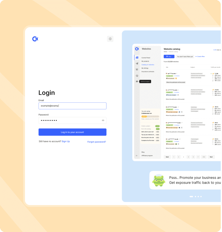 Collaborator login screen with form fields, dashboard preview, and green mascot promoting business exposure